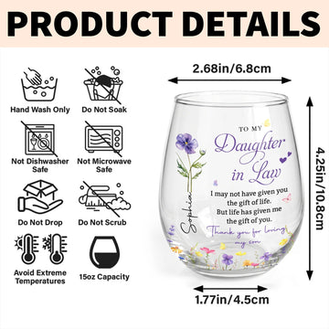 To My Daughter In Law Gift, Stemless Wine Glass, Personalized Flower Gift