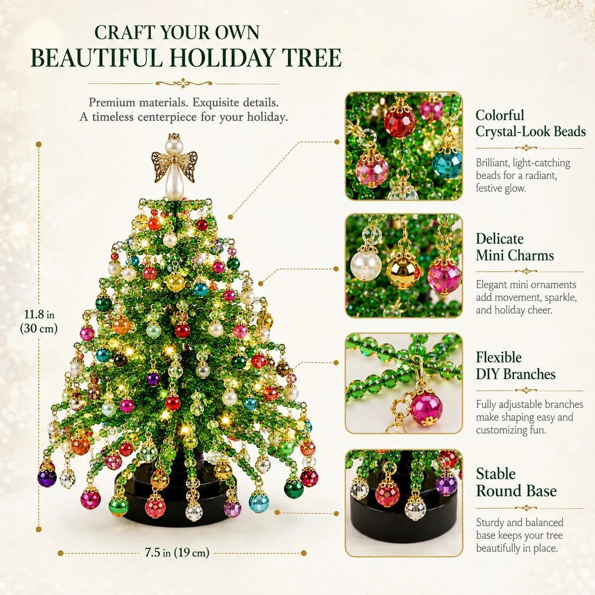DIY Beaded Christmas Tree Kit, Hand‑Made Mini Crystal Bead Xmas Tree Craft Set, Complete Christmas Decoration Making Supplies with Beads, Angel Tree Topper, Base & Accessories, Tabletop Holiday Ornament, Fun DIY Project, Ideal Christmas Gift for Kids & Fa