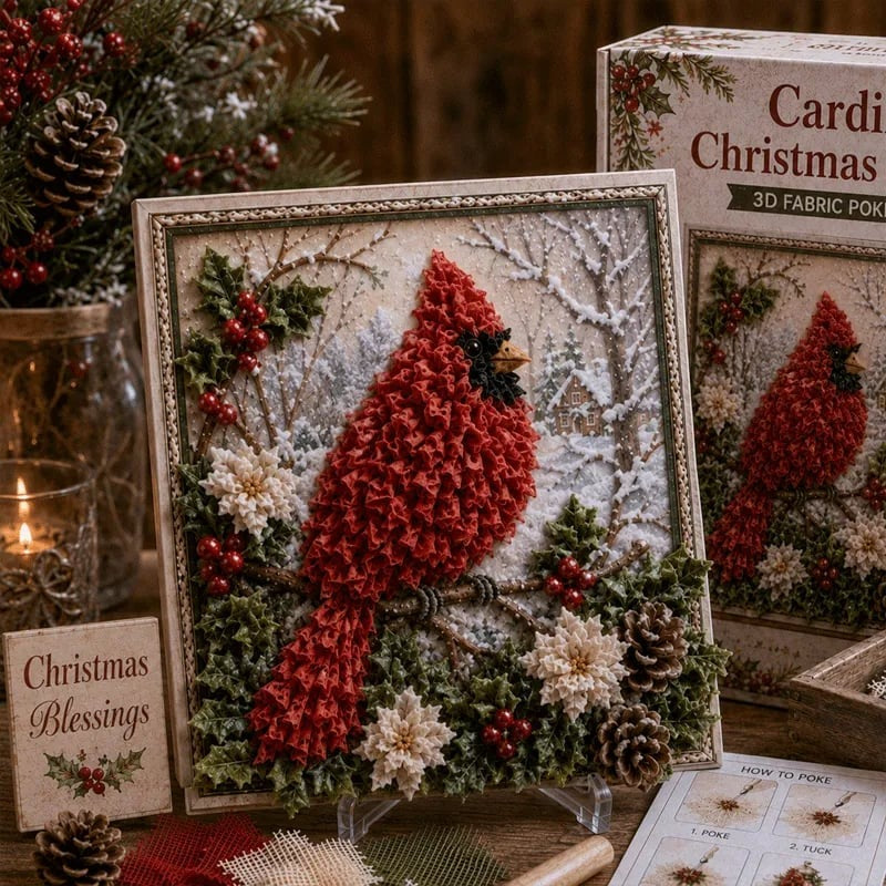 Premium 3D Christmas Fabric Poke Art Kit | No-Sew Holiday Craft with Pre-Punched Board, Fabric Squares & Display Stand 🎅✨