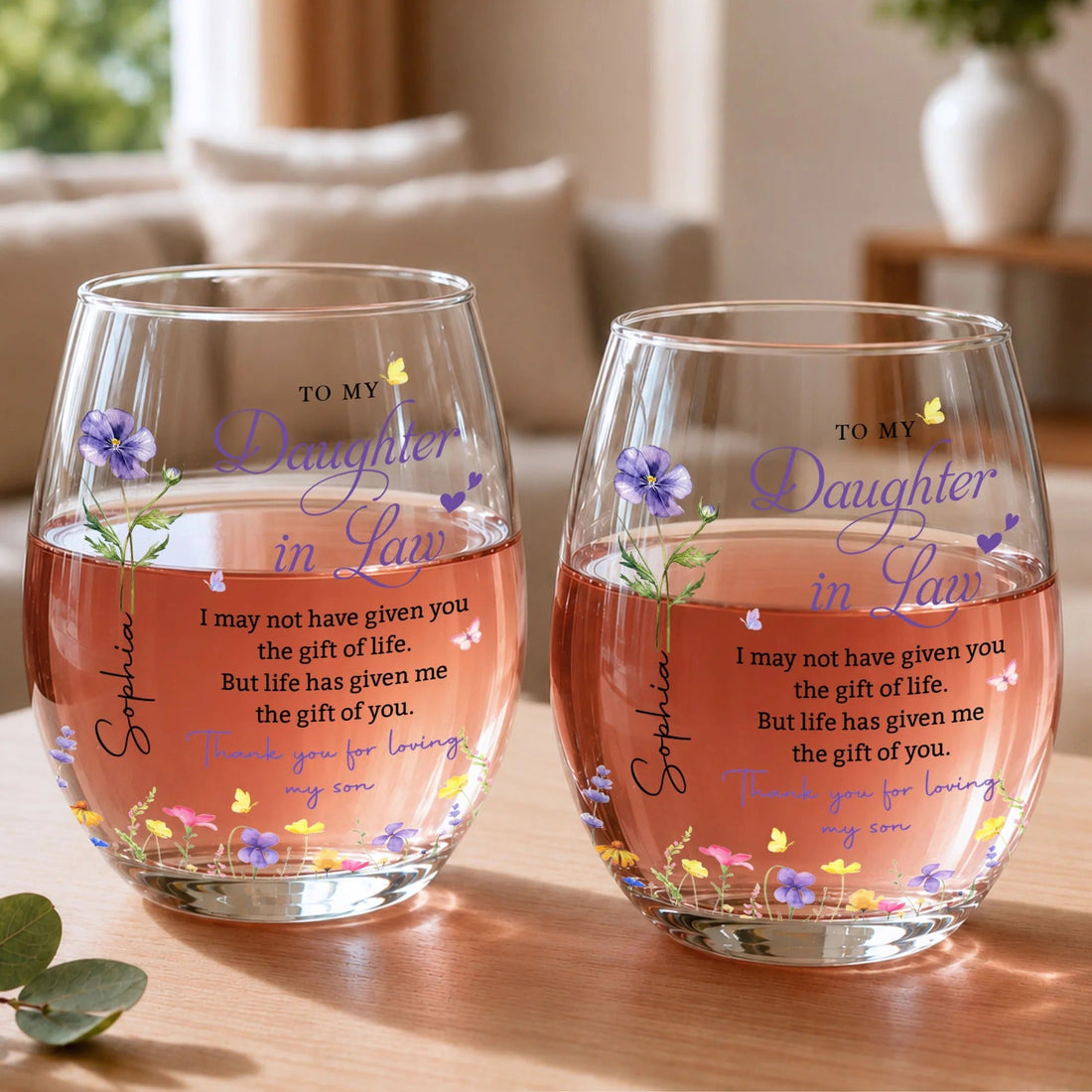 To My Daughter In Law Gift, Stemless Wine Glass, Personalized Flower Gift