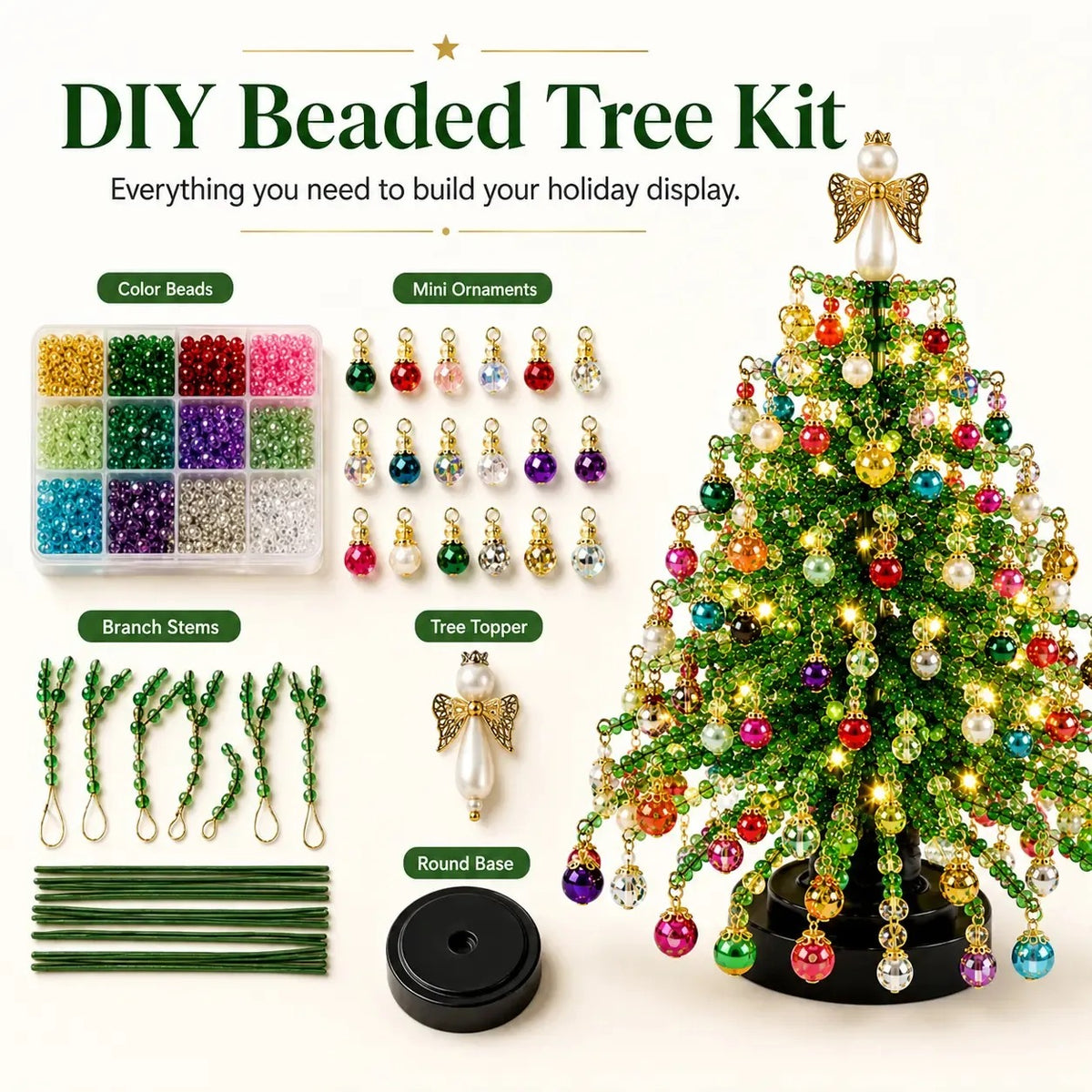 DIY Beaded Christmas Tree Kit, Hand‑Made Mini Crystal Bead Xmas Tree Craft Set, Complete Christmas Decoration Making Supplies with Beads, Angel Tree Topper, Base & Accessories, Tabletop Holiday Ornament, Fun DIY Project, Ideal Christmas Gift for Kids & Fa