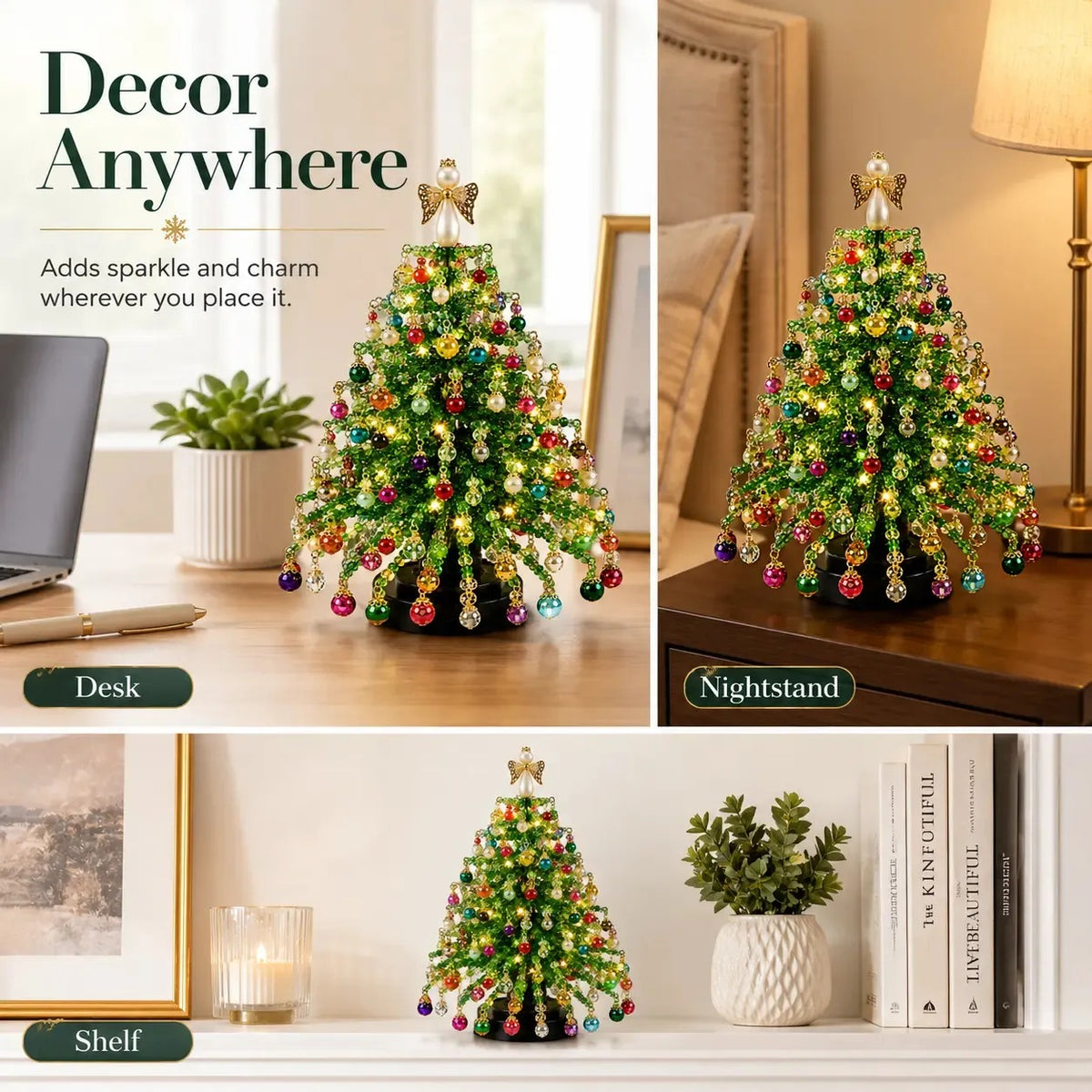 DIY Beaded Christmas Tree Kit, Hand‑Made Mini Crystal Bead Xmas Tree Craft Set, Complete Christmas Decoration Making Supplies with Beads, Angel Tree Topper, Base & Accessories, Tabletop Holiday Ornament, Fun DIY Project, Ideal Christmas Gift for Kids & Fa