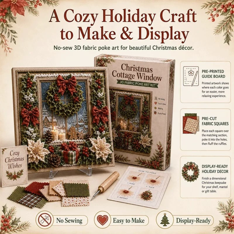 Premium 3D Christmas Fabric Poke Art Kit | No-Sew Holiday Craft with Pre-Punched Board, Fabric Squares & Display Stand 🎅✨