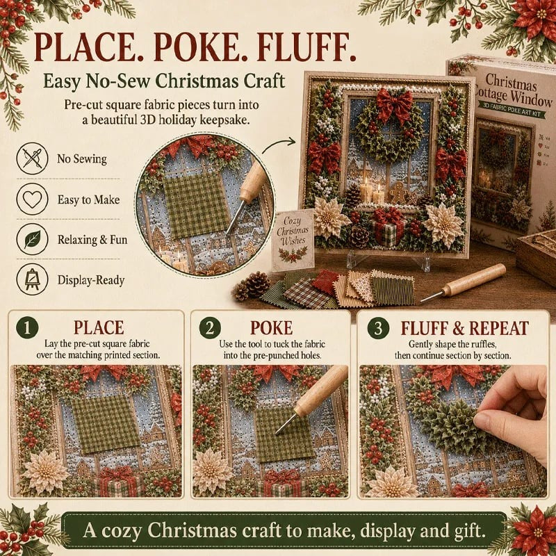 Premium 3D Christmas Fabric Poke Art Kit | No-Sew Holiday Craft with Pre-Punched Board, Fabric Squares & Display Stand 🎅✨