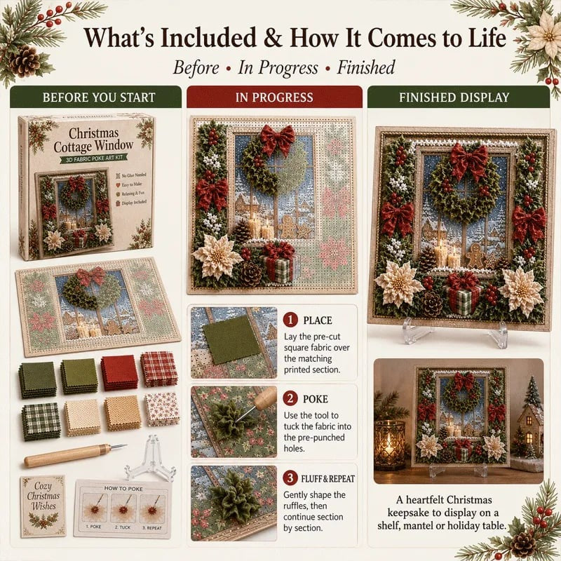 Premium 3D Christmas Fabric Poke Art Kit | No-Sew Holiday Craft with Pre-Punched Board, Fabric Squares & Display Stand 🎅✨
