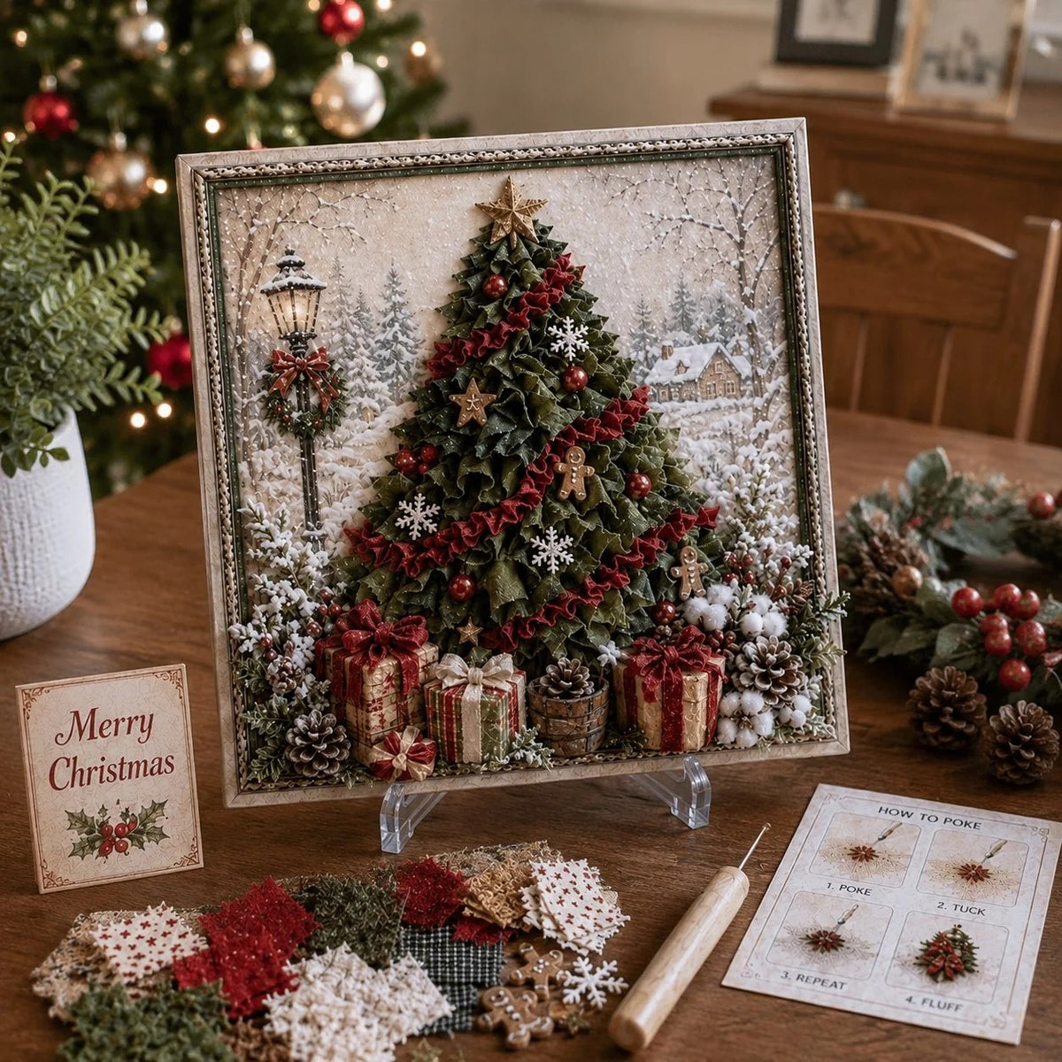 Premium 3D Christmas Fabric Poke Art Kit | No-Sew Holiday Craft with Pre-Punched Board, Fabric Squares & Display Stand 🎅✨