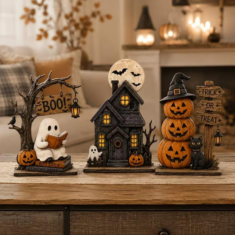Vintage Halloween Tabletop Decor Set of 3, Resin Spooky Ornaments with Ghost, Haunted House, Stacked Pumpkin & Black Cat Figurines, Trick or Treat Sign, Fall Harvest Decor, Spooky Season Desktop Centerpiece for Home Mantel Shelf Decoration
