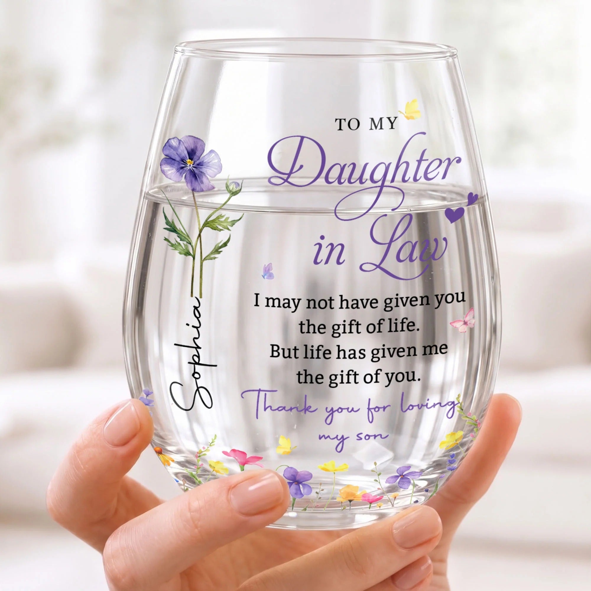 To My Daughter In Law Gift, Stemless Wine Glass, Personalized Flower Gift