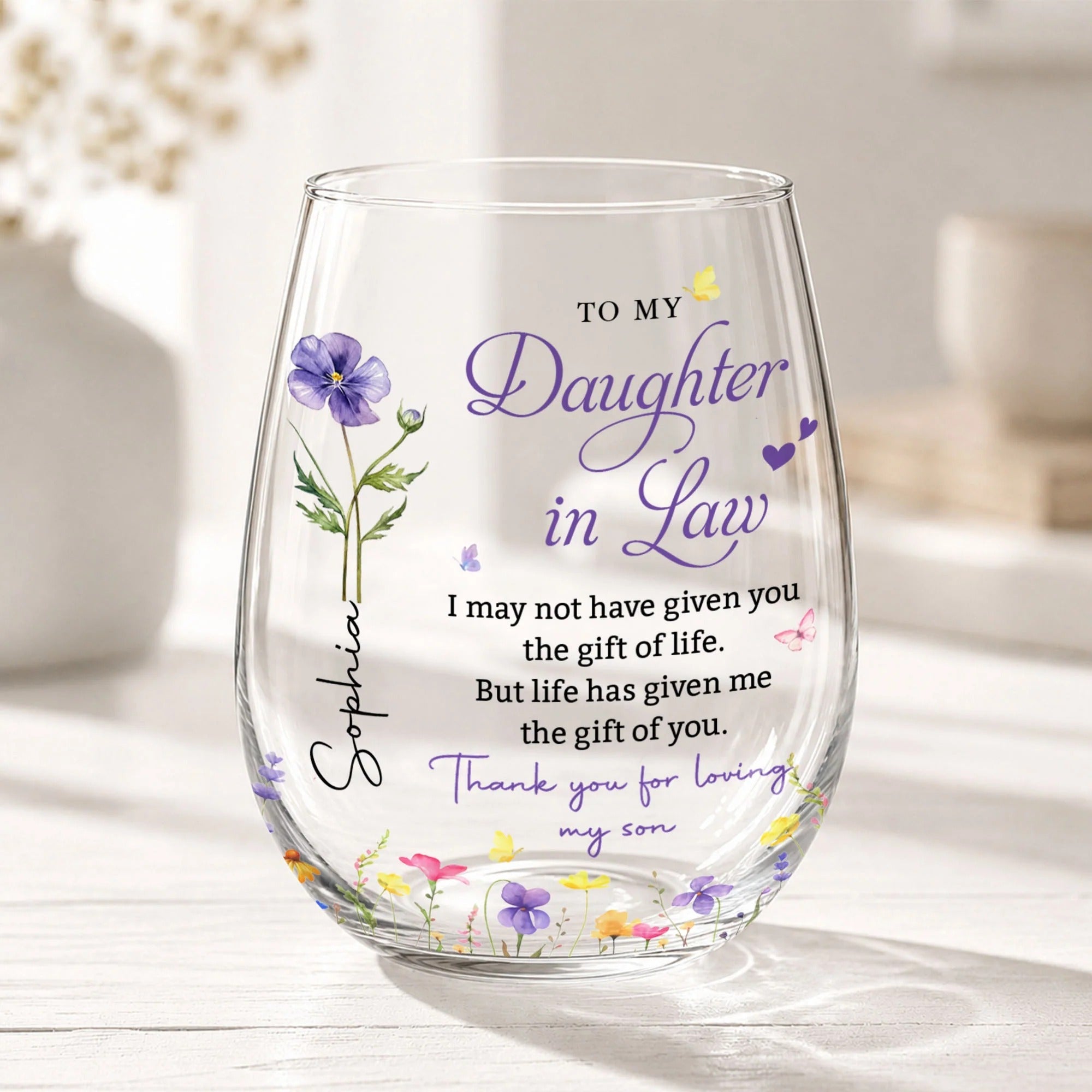 To My Daughter In Law Gift, Stemless Wine Glass, Personalized Flower Gift