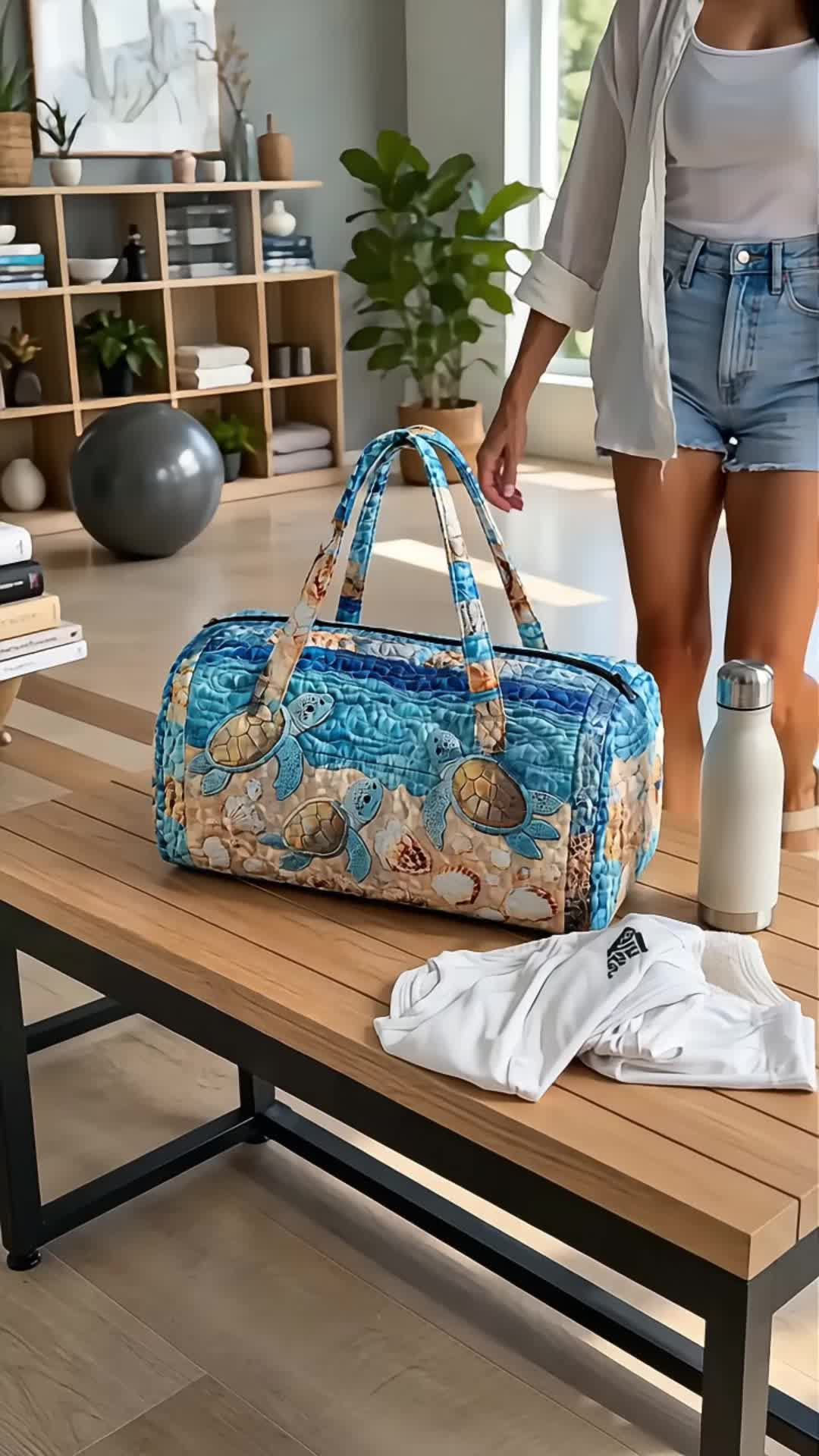 Quilted Sea Turtle Duffel Bag - 21-Inch Sporty Chic Coastal Carryall, Traveling Bag, Carry On Duffle, Weekender Duffle with Zipper Closure (Quilted Turtle Adds Charm, TikTok Shop Back to School)