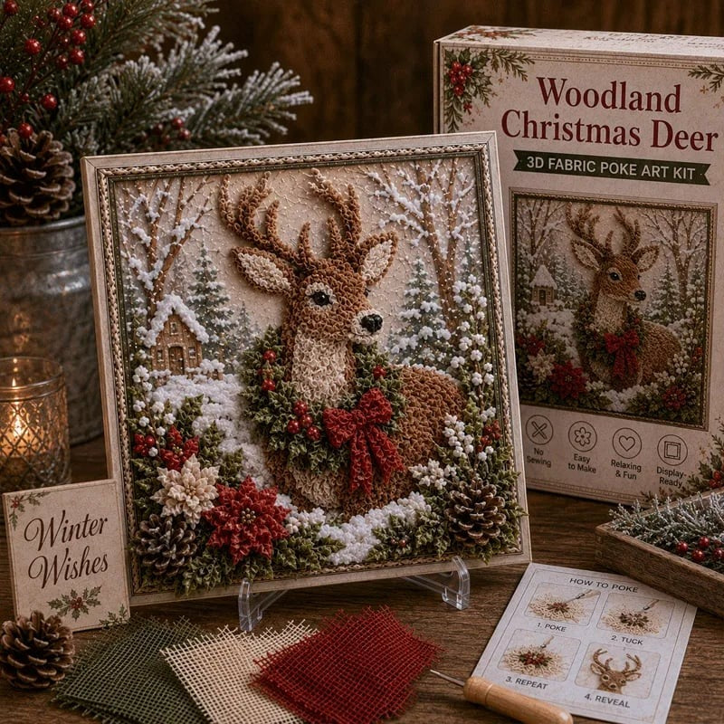 Premium 3D Christmas Fabric Poke Art Kit | No-Sew Holiday Craft with Pre-Punched Board, Fabric Squares & Display Stand 🎅✨