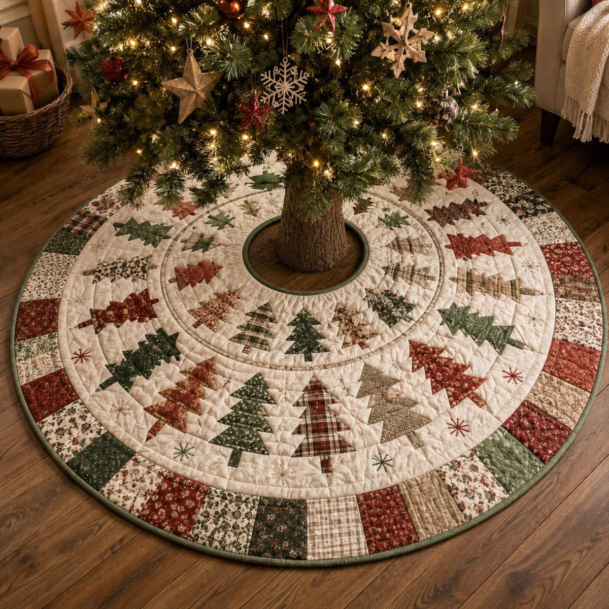 Quilted Christmas Tree Skirt, Patchwork Pine Tree Skirt, Farmhouse Holiday Decor, Rustic Christmas Tree Mat