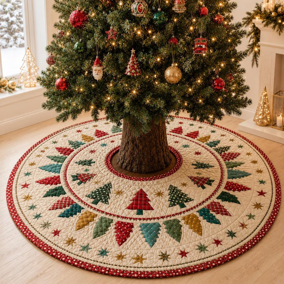 Quilted Christmas Tree Skirt, Patchwork Pine Tree Skirt, Farmhouse Holiday Decor, Rustic Christmas Tree Mat