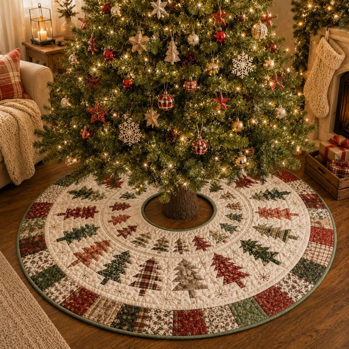 Quilted Christmas Tree Skirt, Patchwork Pine Tree Skirt, Farmhouse Holiday Decor, Rustic Christmas Tree Mat
