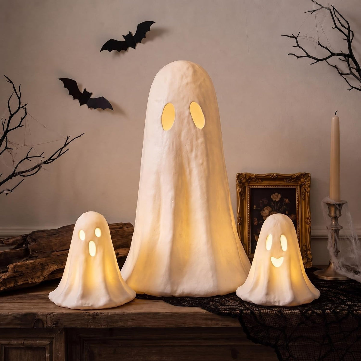 Ctosree 3 Pcs Lighted Halloween Paper Mache Ghost Table Decoration