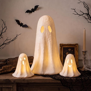 Ctosree 3 Pcs Lighted Halloween Paper Mache Ghost Table Decoration