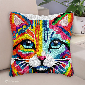 Colorful Cat Latch Hook Pillow Kit
