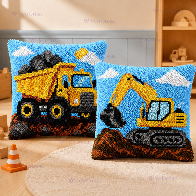 Construction Vehicles Latch Hook Pillow Kit