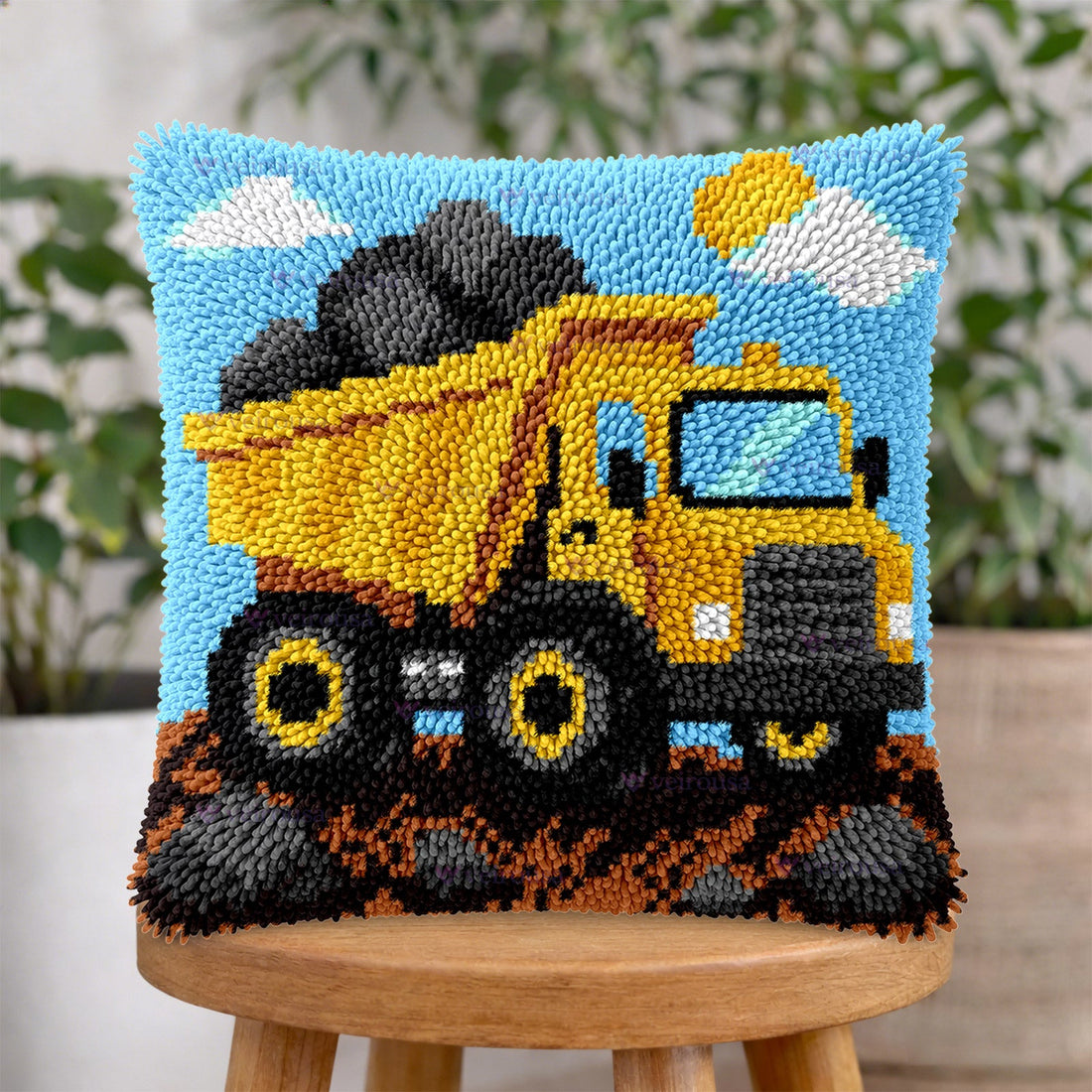 Construction Vehicles Latch Hook Pillow Kit