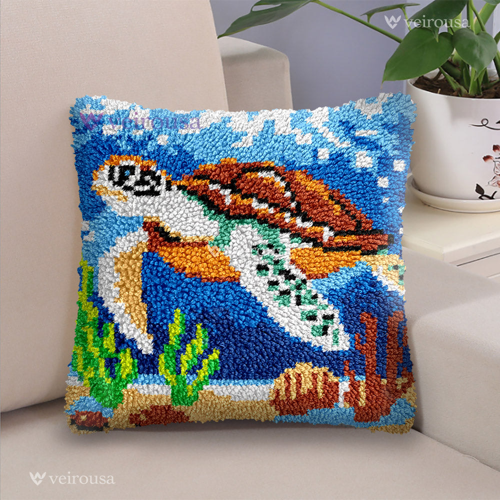 Traveling Sea Turtle Latch Hook Pillow Kit